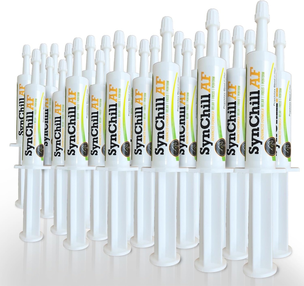 SynChill AF Calming Gel til nervøse heste - Enkelt servering - Avanceret formel med L- Theanin, Øget potens, 100% Natural Supplement, Disposition & Confidence Support til heste - 25 Pack