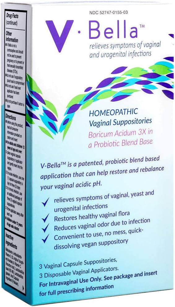 V- Bella Boric Acid + Probiotisk Baseret Vaginal Supppositores- en mere naturlig måde at genopfriske, Balance & Relieve Symptomer på Gær, Bakterielle (BV) & Urogenitale infektioner, Reducer Itchiness & Odor
