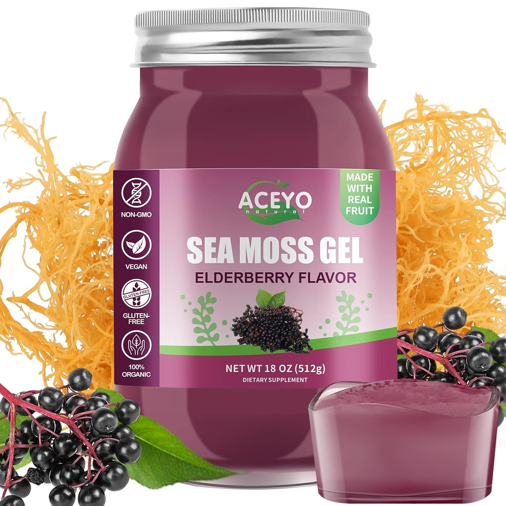 ACEYO (18 OZ) Irish Elderberry Sea Moss Gel Organic Raw Vegan Flavor 102 Vitaminer og mineral Wild Harveed non-GMO immunforsvar Booster Thyroid fordøjelsesstøtte