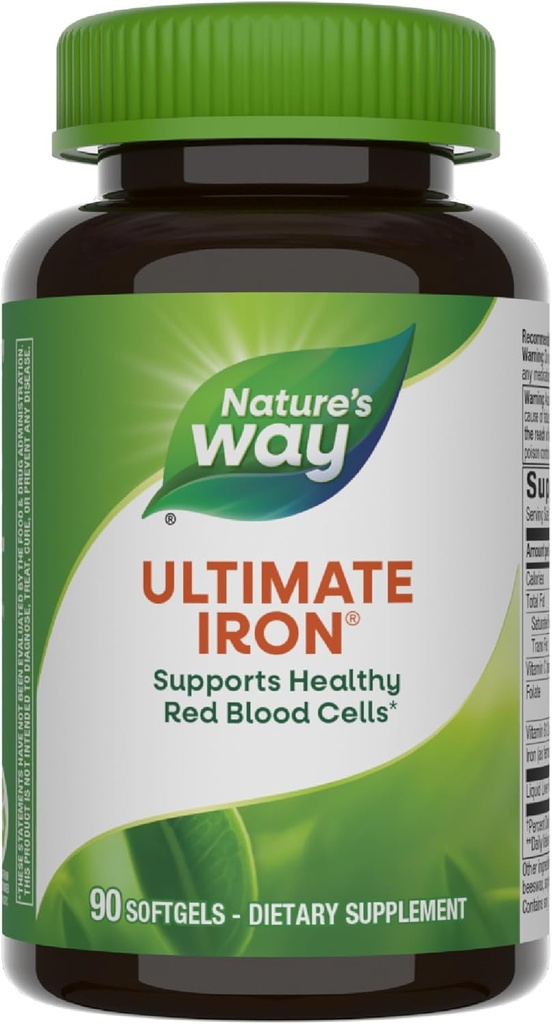 Nature 's Way Ultimate Iron, Understøtter sunde røde blodceller, * Understøtter Cellular Energy Production *, 50 mg pr. 2-Softgel Servering, Gluten- Free, 90 Softgel (Packaging May Vary)