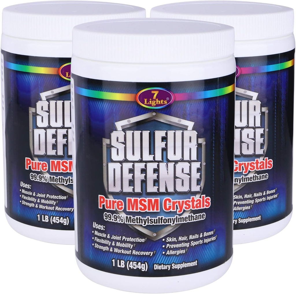 7 Lights Svovl Defense Opti- MSM 99,9% Pure MSM Powder Depotinjektionsvæske 124; Kosttilskud til Joints, Hud & Immun Support - Organic Methylsulfonylmethan, Vegan, Non- GMO, Gluten- Free - Made in USA (3 x 1 LB)