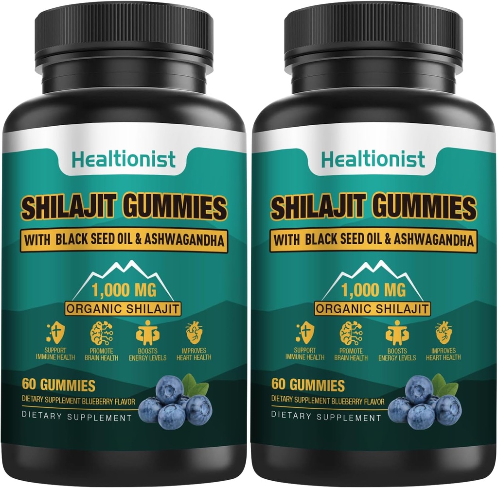2 Pakker 1000 MG Shilajit Supplement Gummies med 85 + Trace Minerals, Fulvic Acid, Pure Organic Shilajit Himalayan Gummy for Mænd & Kvinder, Energy, Brain, Immunity Suport - 120 Counts