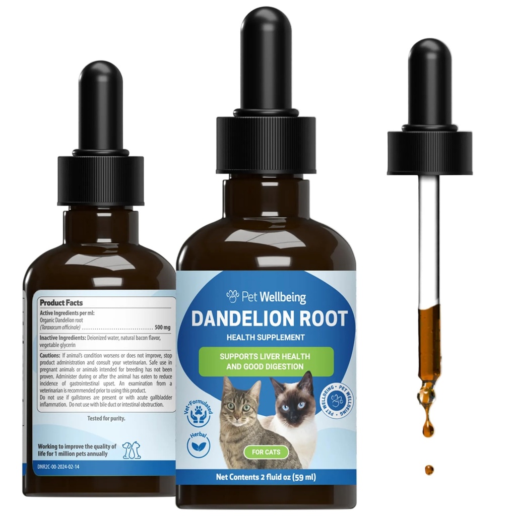Pet Wellbeing Mælkebøtte til katte - Lever og hjerte sundhed, fordøjelsesfunktion, blodsukker støtte, Certificeret Organisk - Veterinarian- Formuleret urtesupplement 2 oz (59 ml)