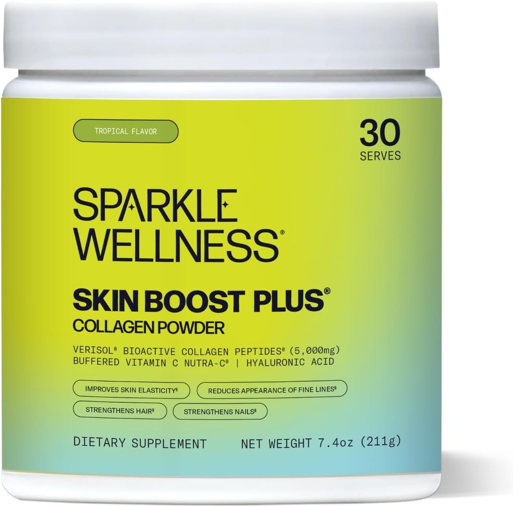 Sparkle Wellness VERISOL Bioactive Hydrolyzed Collagen Peptider ttesmå 124; Collagen Powder supplement med C-vitamin & hyaluronsyre til hår, hud, og negl sundhed stålet 124; Skin Boost Plus (Tropical) [30- Serves]