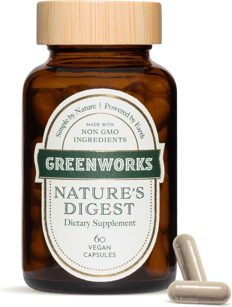 Greenworks Nature 's Digest Probiotics with Organic Digestive Enzymes, Prebiotics & Fiber - 10 Millioner CFU, 3 Stammer - Gut Health Supplement, 60 Kapsler