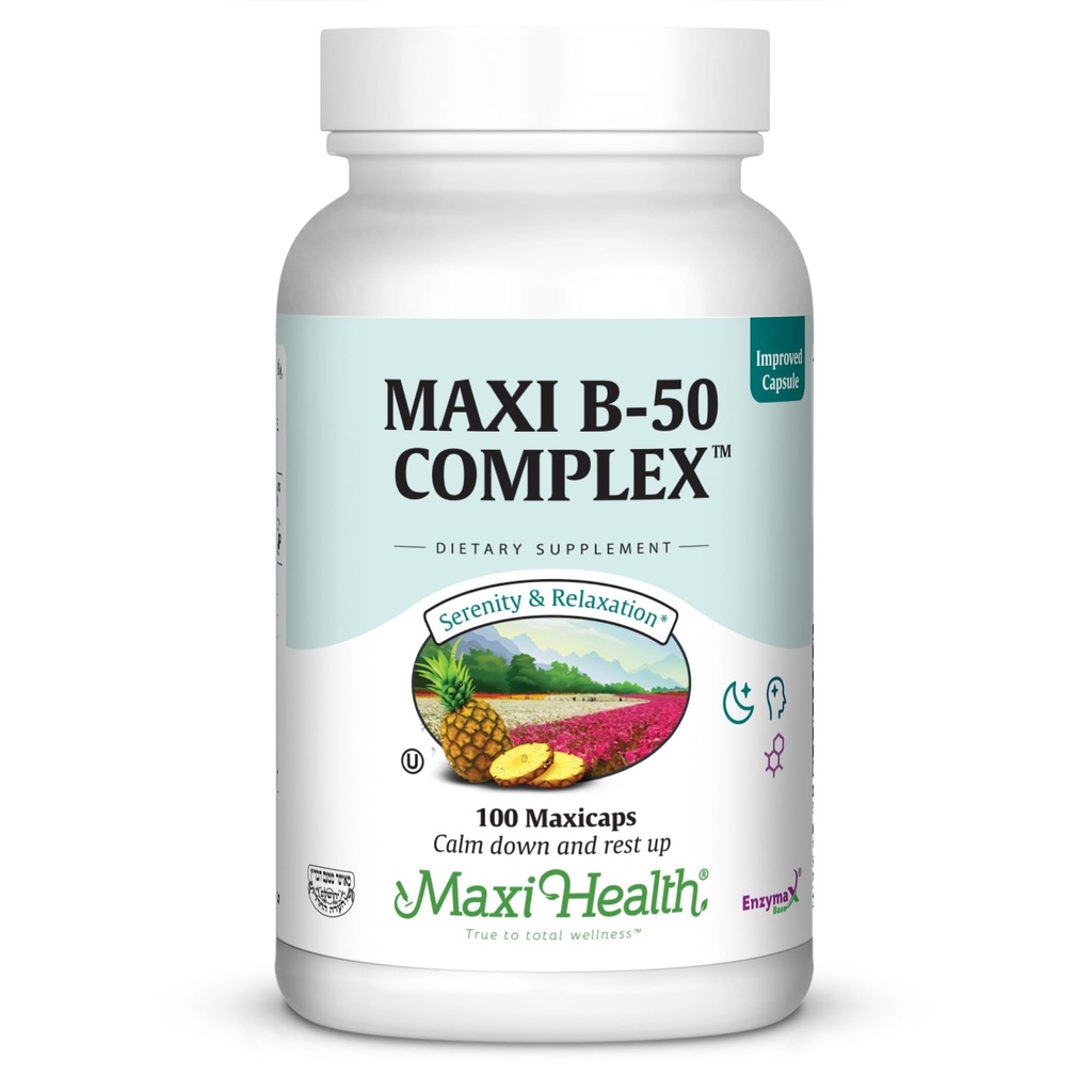 Maxi Health Vitamin B Complex - High Potency B Complex Vitamin B -50 med B1, B2, B3, B6, B12, Biotin & Folate - Support Cellular Energy & Mental Clarity - Kosher - 100 kapsler