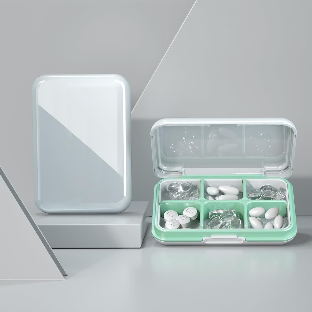 Pill Box Vandtæt rejse Pill sag Portable Daily Pill Container Pill Holder Purse 6 Compartments Pocket Compact Medicine Organizer for Vitamin, Fiskeolier, Kosttilskud, Medicin (Stor Hvid)