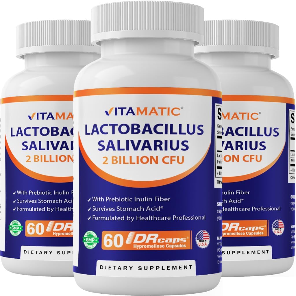 Vitamatisk Lactobacillus Salivarius 2 milliarder per DR Capsule - 60 Greve - fordøjelsesstøtte - Lavet med Prebiotic Inulin Fiber (3 flasker)