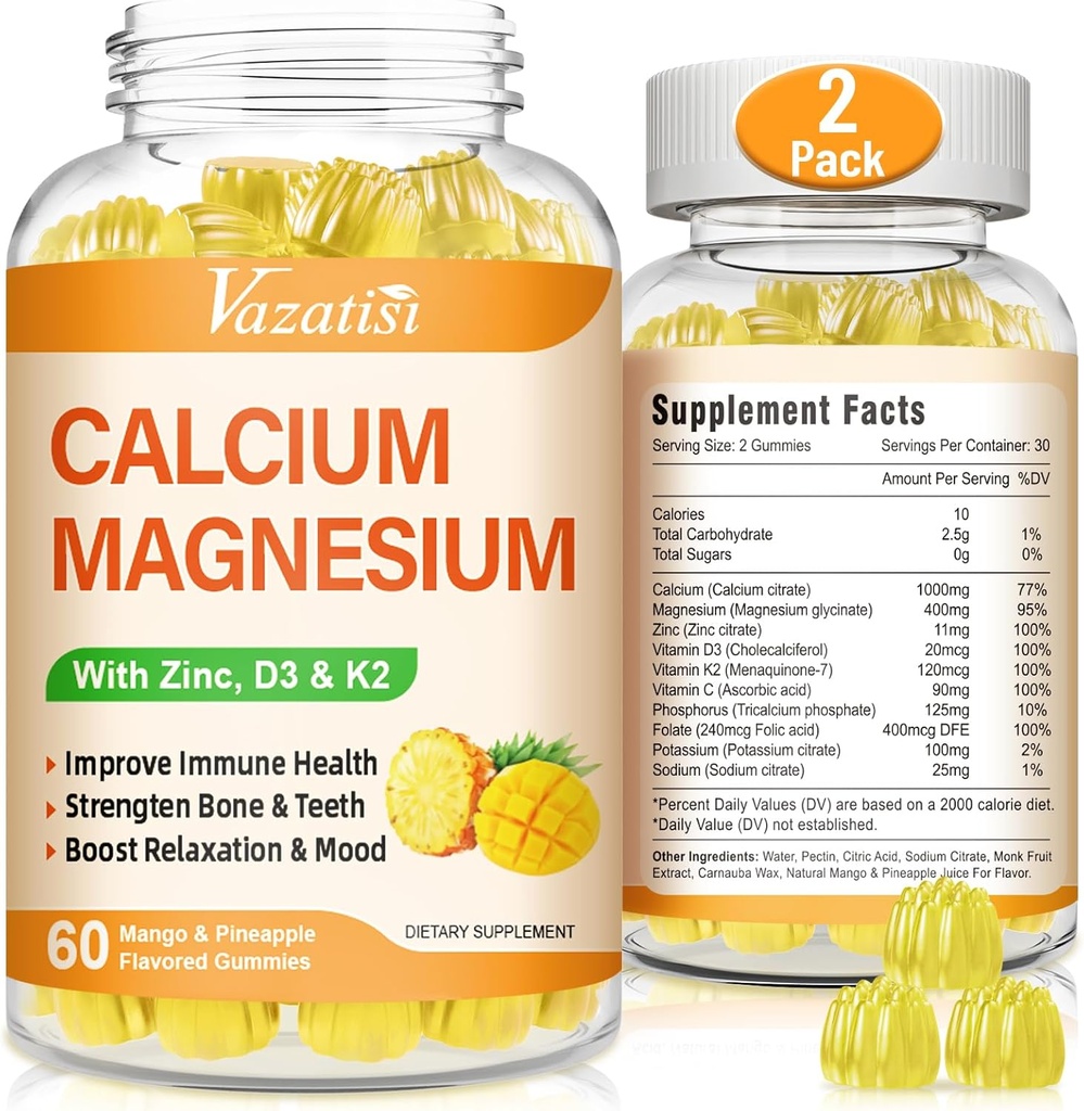Calcium Magnesium Zinkgummier med D3- og K2-vitamin, høj absorption Magnesiumglycinat Kalium til immun- og rolig mood, Vegan Mango og Ananas Navor 120 gummier
