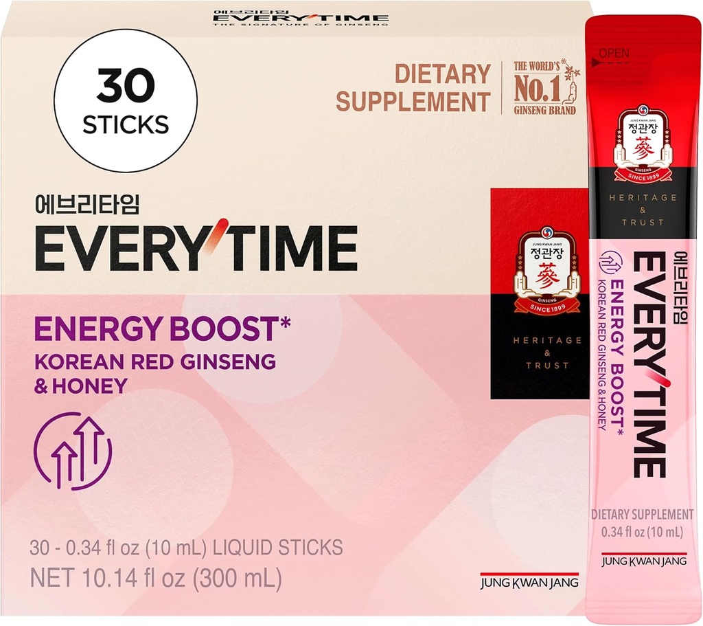 JUNG KWAN JANG Everytime Energy Boost Koreansk Rød Ginseng Extract Stick 1.000mg & honning - Vegan Ginseng Energy Drink Liquid Stick Kosttilskud - Bygger Stamina & Immunitet Ingen koffein (30 sticks)