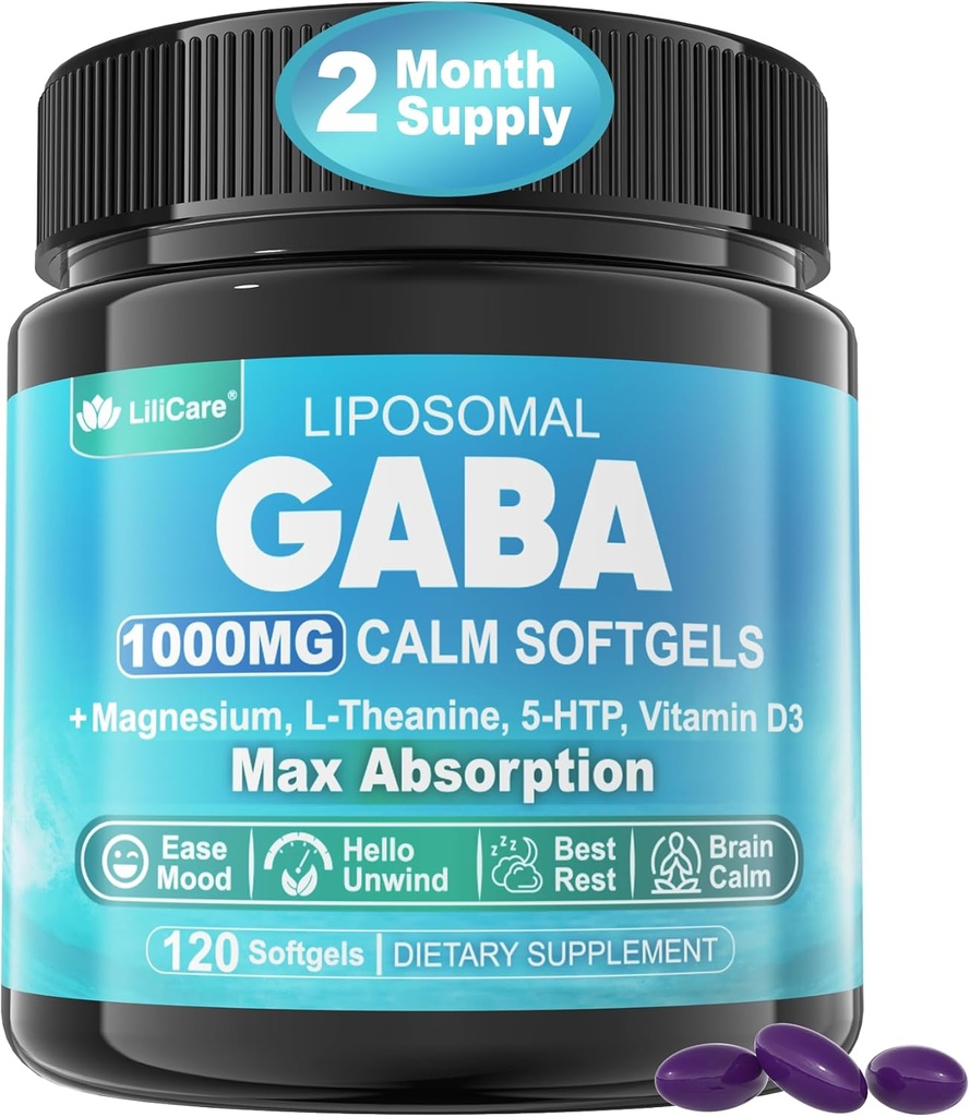 GABA Supplement - 1000 mg Liposomal Form for Optimal Absorption,GABA with L-Theanine, Magnesium Glycinate, 5HTP, Vitamin D3 for Brain Calm, Mood, Zzz Better - Melatonin-Free 120 Softgels.