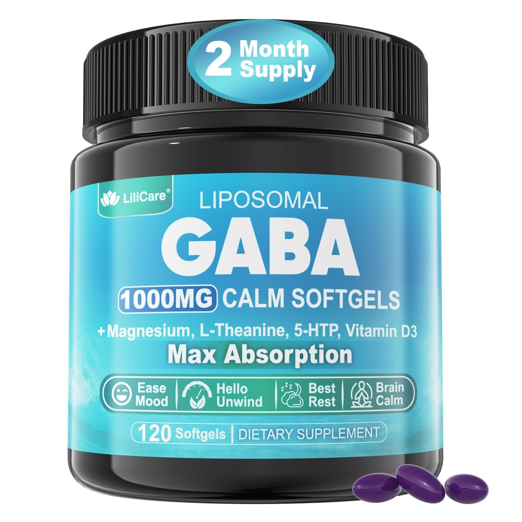 GABA supplement - 1000 mg Liposomal Form for Optimal Absorption, GABA med L- Theanin, Magnesium Glycinat, 5htp, D3- vitamin for rolig, afslapning, Mood, Restainable Night - Melatonin- Free 120 Softgels.