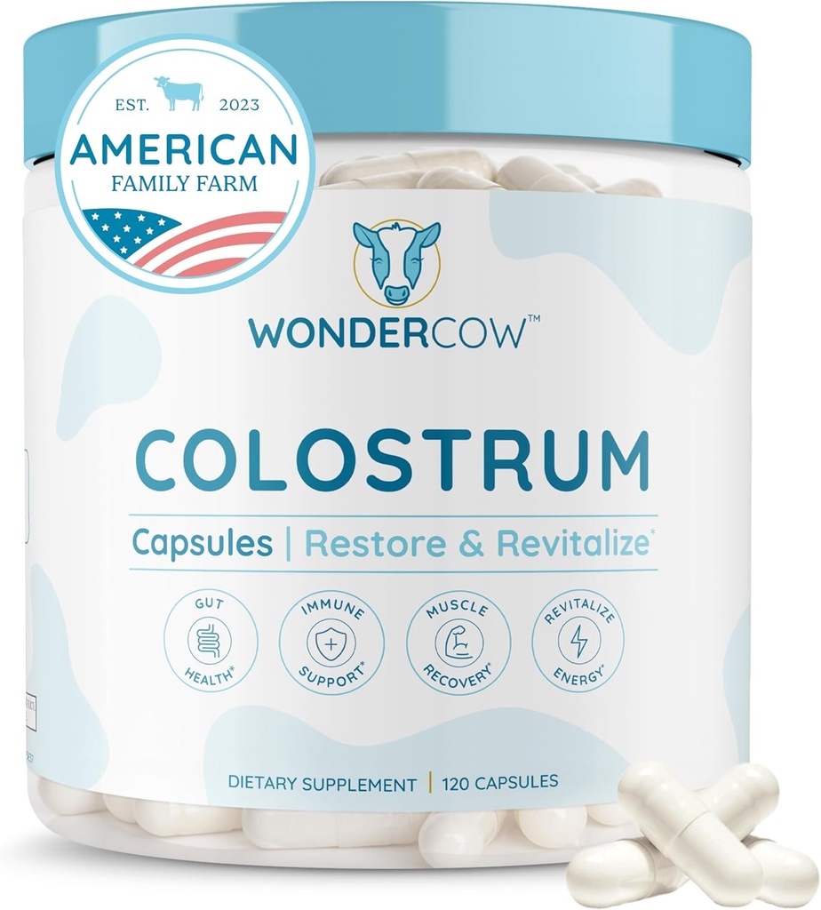 WONDERCOW Colostrum Kapsler Supplement for Gut sundhed, immunforsvar, Muscle Recovery & Wellness - 124; Natural IgG Pure Whole Bovine Colostrum Superfood, Unflavored, 30 Servere