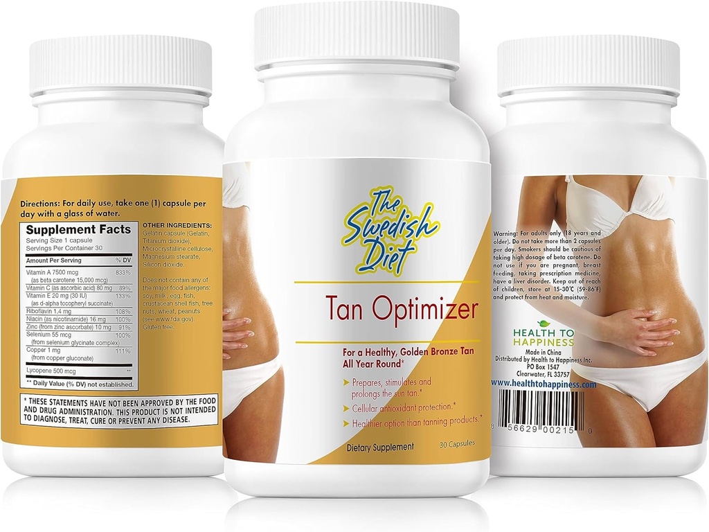 Tan Optimizer - sukkerfri tanning piller med 25.000 IE vitamin A, beta caroten & antioxidanter til hud sundhed & immunforsvar - 30 kapsler