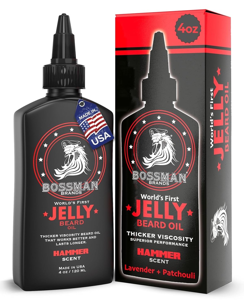 Bossman Jelly Beard Olie til mænd (4 oz, Hammer Duft) - Softens, Fugt & Betingelser med naturlige ingredienser