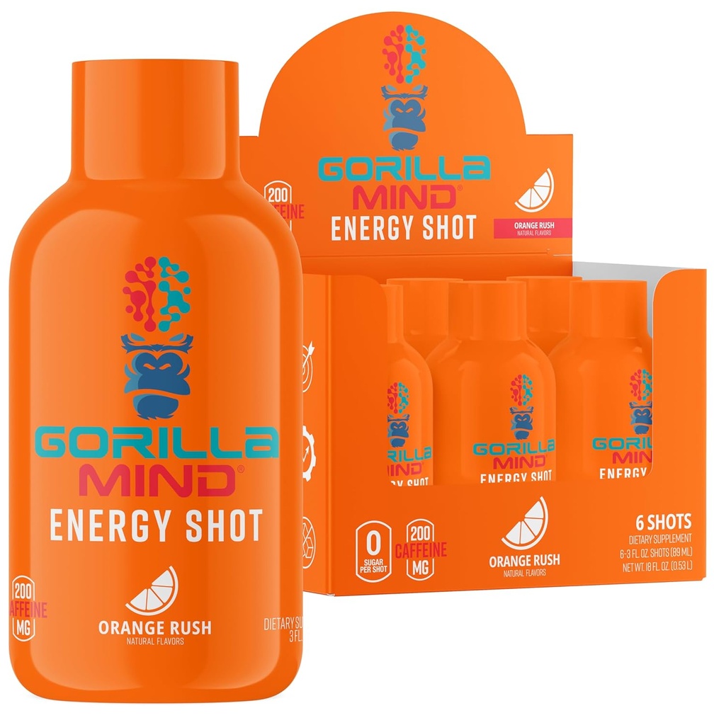 Gorilla Mode Energy Shots (6-Pack) - Energy Shots for Enhanced Focus & Energy, Sugar- Free, Fast- Actioning, Potent Formel med vitaminer & naturlige ekstrakter (Orange Rush)