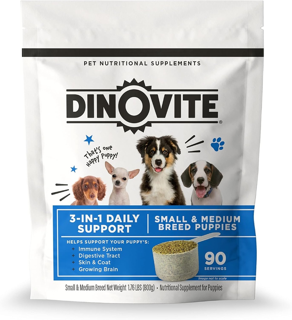 Dinovite 3 i 1 Probiotika til hvalpe, Hud & Coat, fordøjelsesbesvær og fælles relief, hund mad toppers, lakseolie, Glucosamin, Allergi Relief & Itch Relief hudpleje, 90 Servere (Puppy)