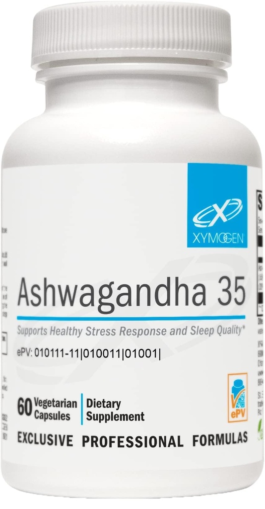 XYMOGEN Ashwagandha 35 - Patenteret, Renset Ashwagandha Root + Leaf Extract (35% Hutanolide Glycosider) - Understøtter sund stress reaktion, afspænding og kvalitet nattetid hvile (60 kapsler)