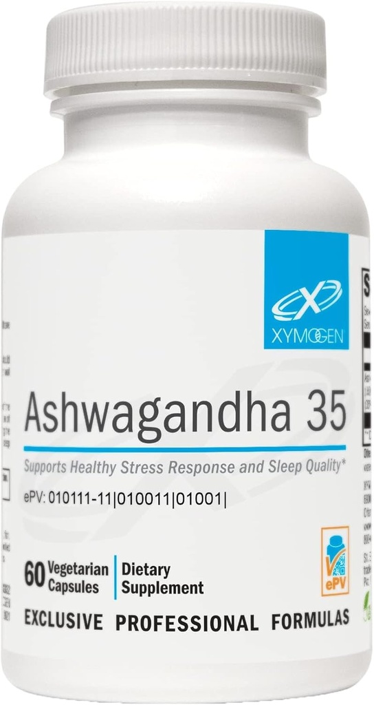 XYMOGEN Ashwagandha 35 - Patenteret, Renset Ashwagandha Root + Leaf Extract (35% Hutanolide Glycosider) - Understøtter sund stress reaktion, afspænding og kvalitet nattetid hvile (60 kapsler)