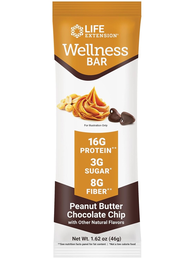 Life Extension Wellness Bar (Peanut Butter Chocolate Chip) - 16 g Protein, 8 g Fiber, 3 g Sukker - Cacao Chocolate Chips, Whey Protein Isolate Blend - Snack Bars, Gluten- Free - Individuelt