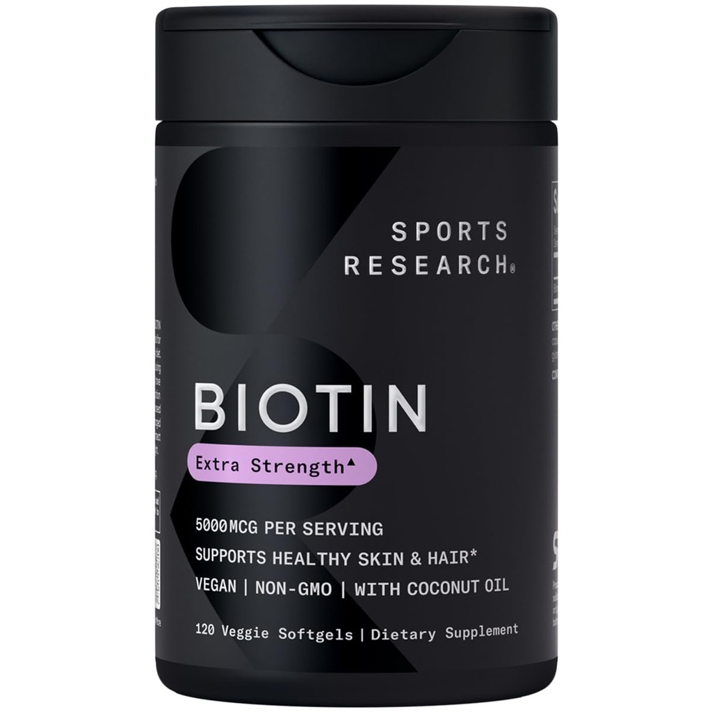 Sport Research ® Biotin 5,000mcg med økologisk kokosolie - Biotin (vitamin B7) for sund hud og hår støtte * - for kvinder og mænd - Vegan, non-GMO, gluten & soy- Free - 120 Veggie Softgels
