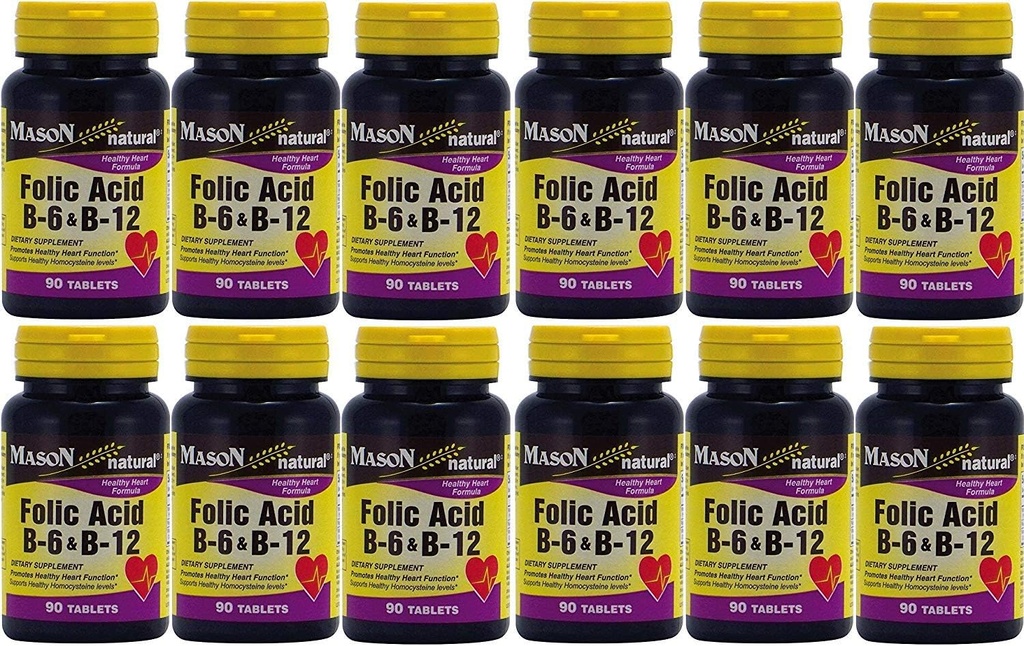 Mason Vitaminer Folinsyre B- 6 & B12 Heart Health Formel 90 tabletter per flaske pakke med 12 i alt 1080 tabletter
