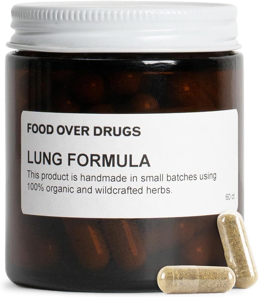 Food Over Drugs Lung Formel - Herbal Detox med Organic Mullein, Thyme, Licorice & Astragalus - Naturligt supplement til Lung Support, Breathing Clarity & Mucus Balance - Plantbaserede kapsler