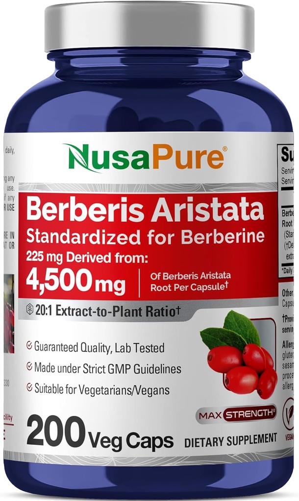 NusaPure Berberine HCI 20: 1 ekstrakt, 225 mg svarende til 4. 500 mg - 200 Veggie Caps - (Vegetarisk, Non- GMO, Vegan)