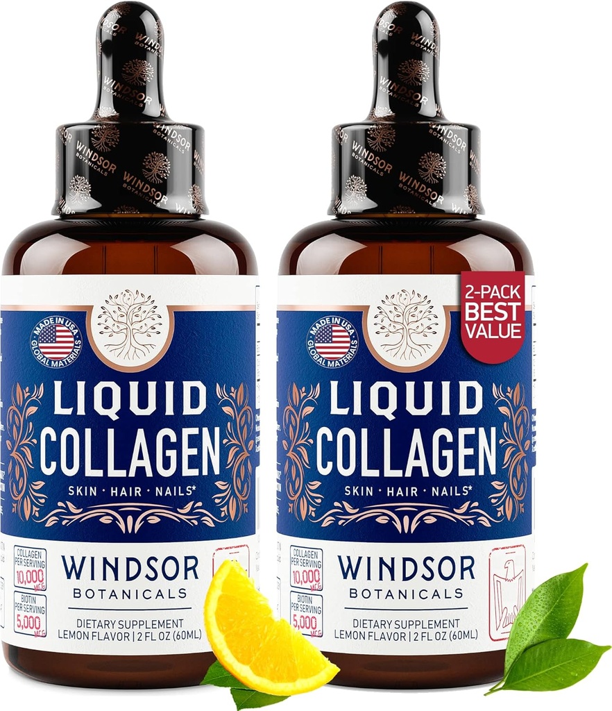 WINDSOR BOTANICALS Flydende kollagen til kvinder og mænd - hår, hud, negle Vitamin - Lemon Flavor Collagen Peptider hårvækst drik - 5.000mcg Biotin, 10.000mcg - US Made - 2x2oz