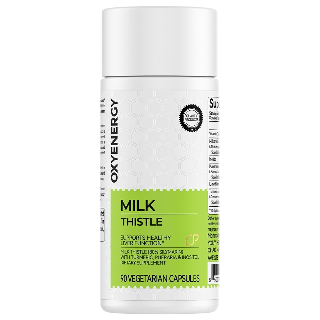 OxyEnergy Silymarin Milk Thistle 300mg Extract with Vitamin C, Inositol & Pueraria, Lever Detox & Repair Support, Antioxidant Support, 90 Vegetariske Kapsler