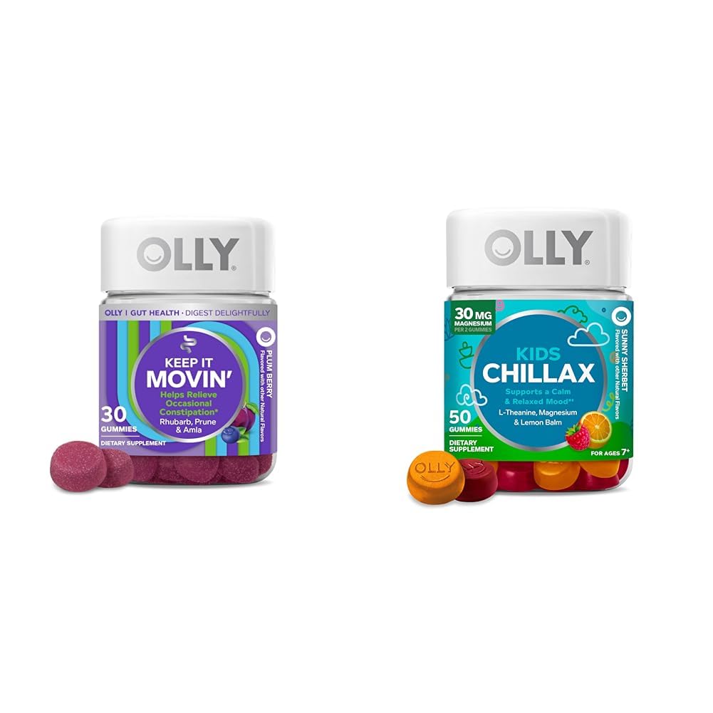 OLLY Constibution Relief Gummies 30ct + Chillax Kids Rolige tykkere 50ct