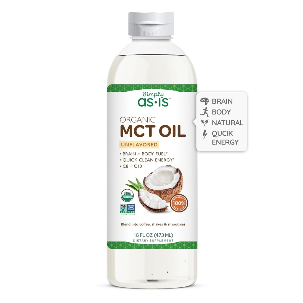 Simply as- is 124; Organic MCT Oil C8 & C10 Note 124; Unflavored Measures 124; 100% fra non-GMO kokosnødder Measures 124; Perfekt til morgen kaffe Measures 124; Quick Clean Energy Measures 124; 16 fl oz