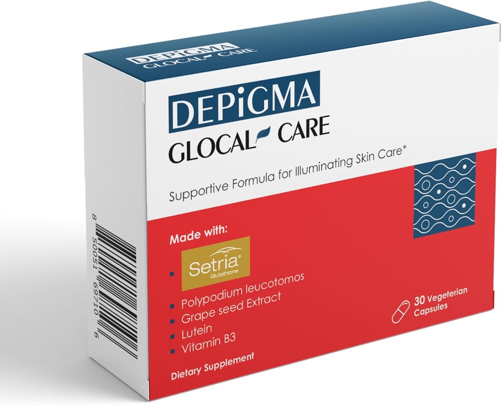 GlocalCare Depigma Support Reduktion af hyperpigmentering, Melasma & Dark Spots med Glutathione, Polypodium Leucotomos, Grape Seed & Marigold Extract