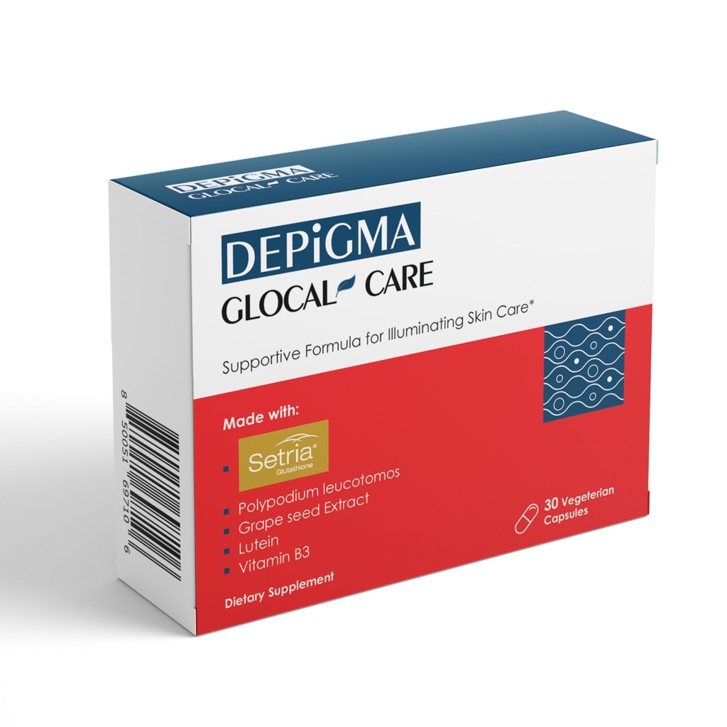 GlocalCare Depigma Support Reduktion af hyperpigmentering, Melasma & Dark Spots med Glutathione, Polypodium Leucotomos, Grape Seed & Marigold Extract