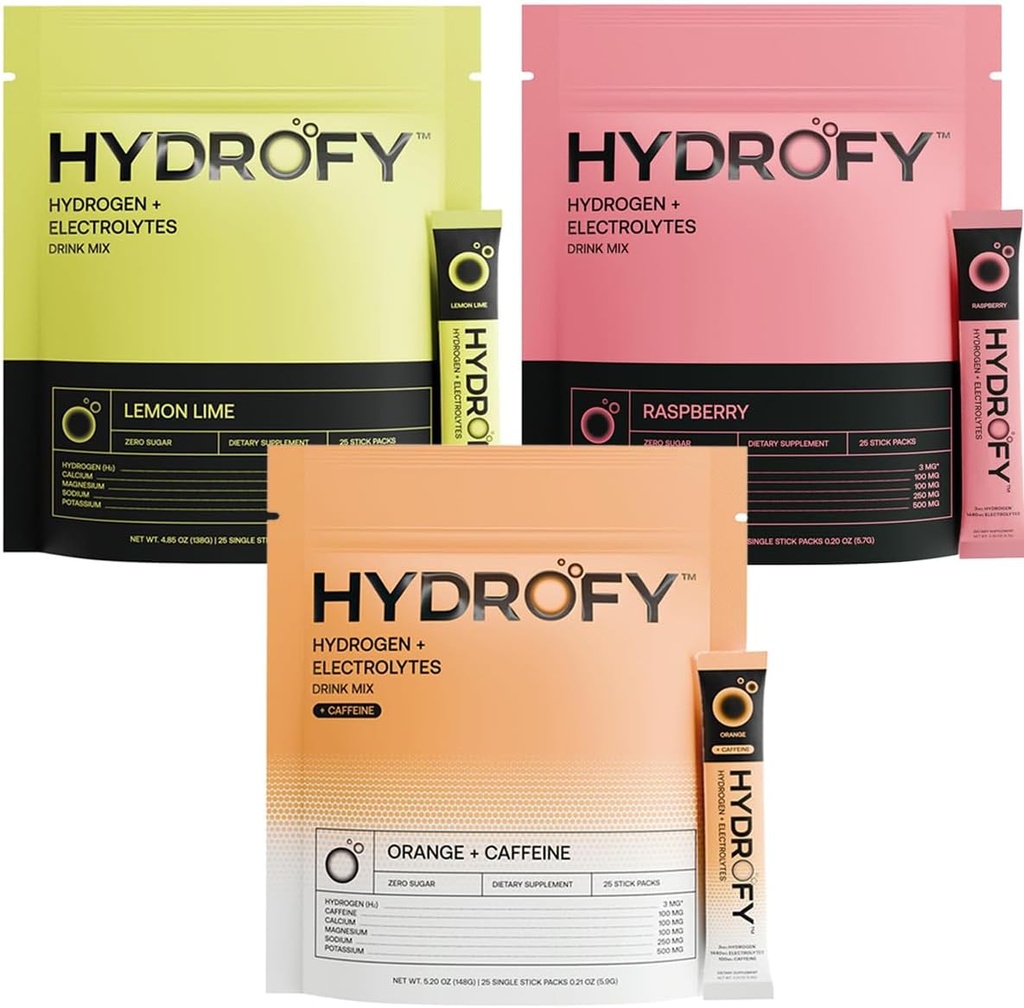 Hydrogen + Electrolytes Drink Mix Hindbær, Orange + Koffein, og Lemon Lime Bundle 75 Servings - 124; Superior Hydration Pakninger med Molecular Hydrogen (H2), natrium, kalium, magnesium, og calcium