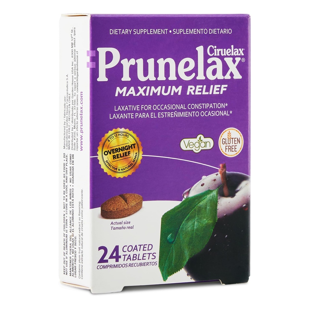 Prunelax Ciruelax Maksimum Relief Laxative Tablets with Natural Senna for Occasional Constipation, Senna Extract, Vegan & Gluten- Free, Gentle Overnight Relief - 24ct
