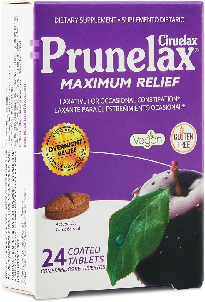 Prunelax Ciruelax Maksimum Relief Laxative Tablets with Natural Senna for Occasional Constipation, Senna Extract, Vegan & Gluten- Free, Gentle Overnight Relief - 24ct
