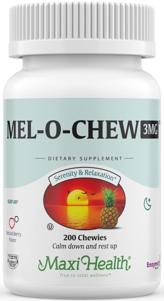 Maxi Health Melatonin 3 mg til voksne og teenagere - Hjælp Support Natural Sleep with Chewable Melatonin - Ikke-Habit Forming Kosher Sleep Support Kosher (200 Enheder)