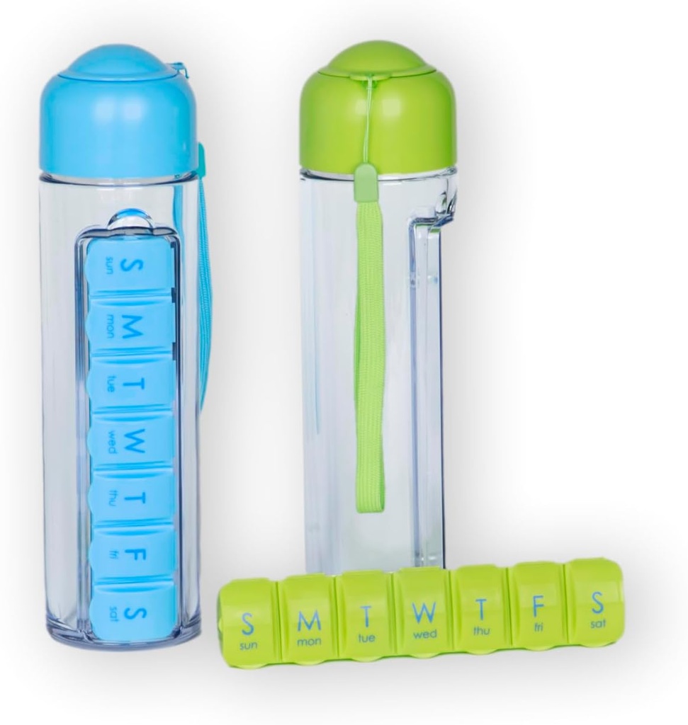 Vandflaske og Pill Organizer - 400ml Rejse Vandflaske med 7 dages Ugentlig Pill Case - Medicin Planner Vitamin Holder med gratis rengøring børste. Perfekt til sport og rejser (blå)