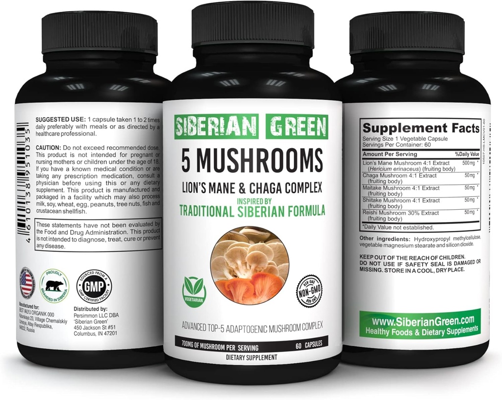 Siberian Green 5 svampe Lions Mane Chaga Shiitake Maitake Reishi - 60 kapsler