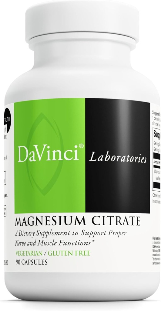 DaVinci Labs Magnesium citrat - Kosttilskud til støtte muskel sundhed, sunde nerver og mineralsk absorption * - med 140 mg Magnesium per servering - Glutenfri - 90 Vegetabilske kapsler