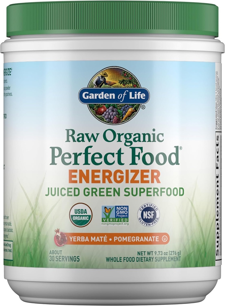 Have of Life Raw Organic Perfect Food Energizer Juiced Green Superfood Powder - Yerba Mate Pomegranate, 30 Servering, Green Superfood Powder & Probiotika, Gluten Free Whole Food Green Kosttilskud