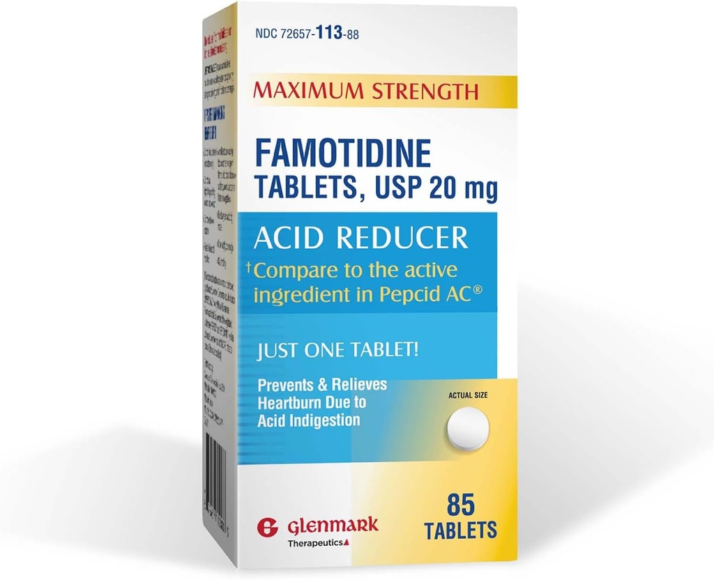 Glenmark Maximum Strength Famotidine Tablets, 20 mg, Acid Reducer for Heartburn Relief, 85 Greve