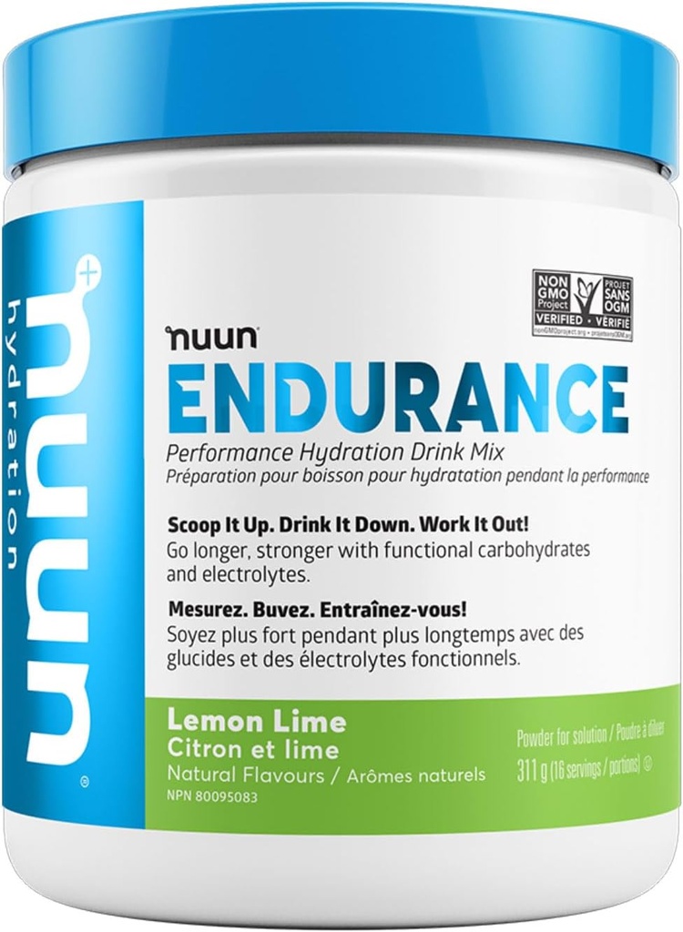 Nuun Hydration Endurance Powder, Lemon Lime, Workout Support, 5 Essential Electrolytes for Hydration + Kulhydrater, Vegan, Non- GMO, (16 Servere - Kanister)