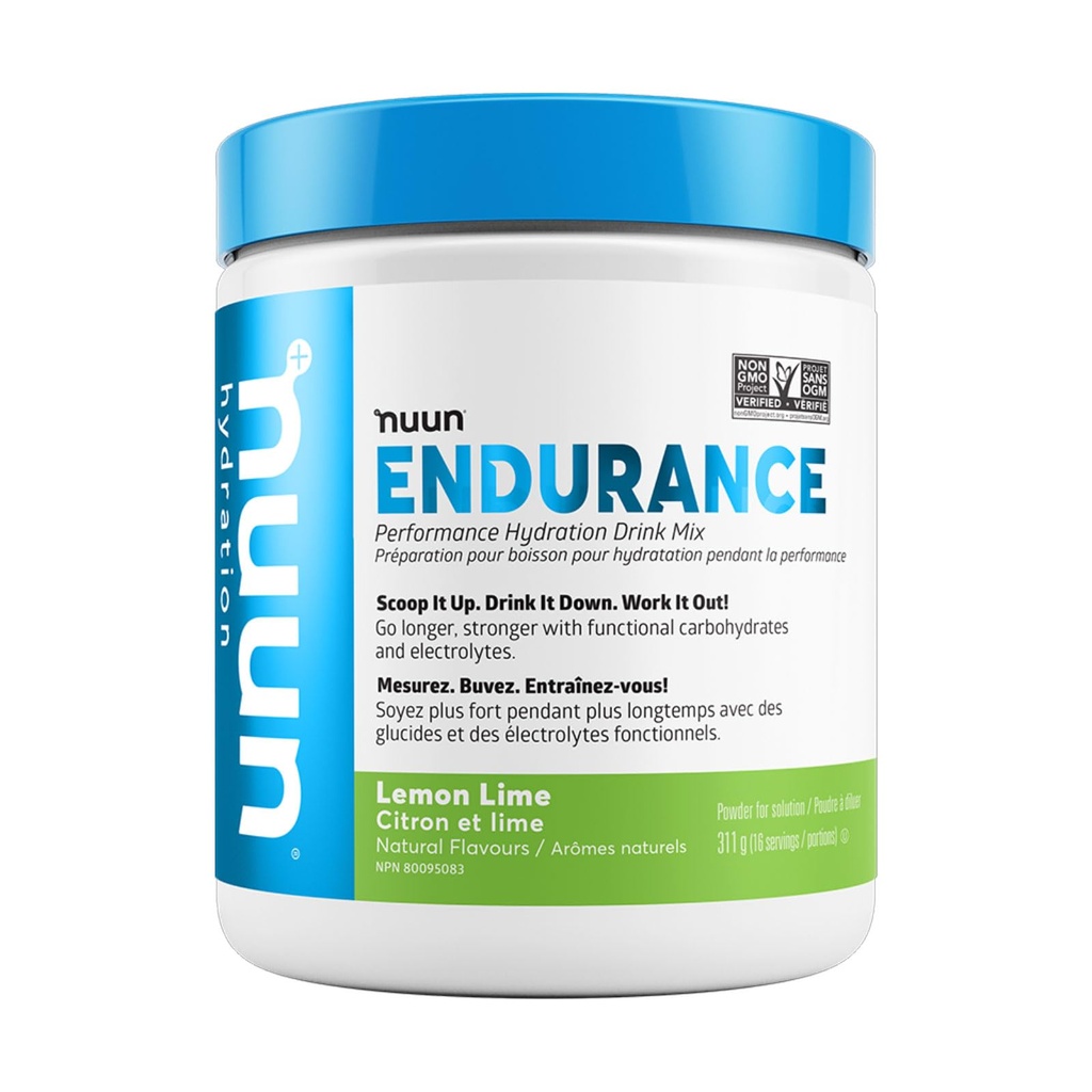 Nuun Hydration Endurance Powder, Lemon Lime, Workout Support, 5 Essential Electrolytes for Hydration + Kulhydrater, Vegan, Non- GMO, (16 Servere - Kanister)