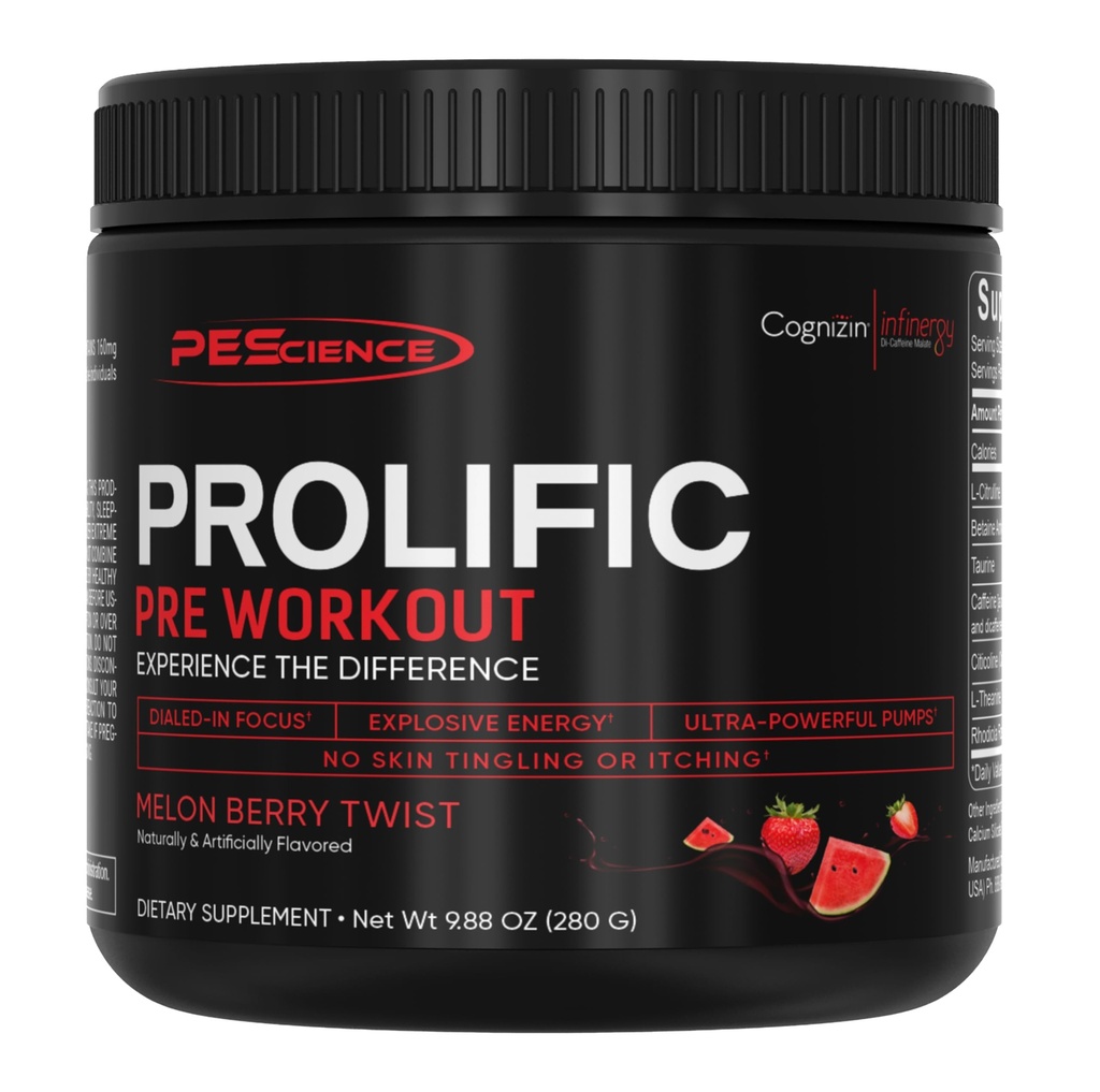 PEScience Prolific Pre Workout Pulver til mænd og kvinder med L- Citrullin, Nitrooxide Booster, Energy Powder & Nootrop for Focus - Fortræning uden Beta Alanine - 40 Scoops, Melon Berry Twist