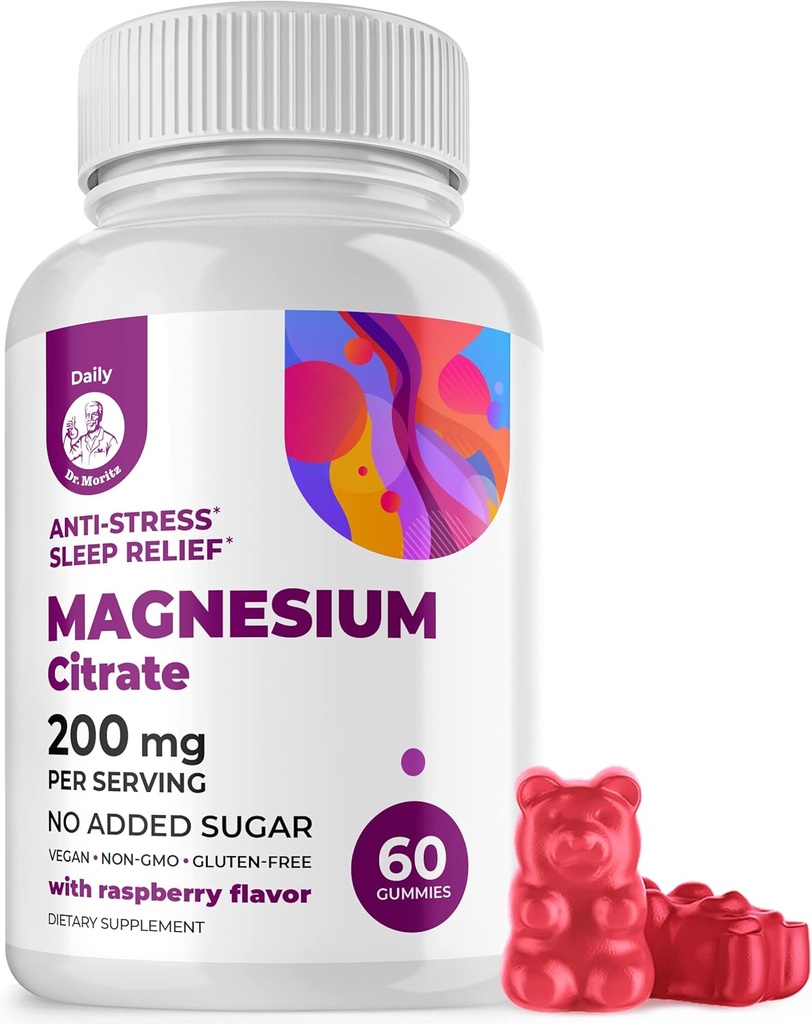 DR. MORITZ Magnesium Citrate Gummies til voksne - Sugar- Free Calm Magnesium Gummies - Understøtter en sund stress reaktion - Raspberry Flavor - Non- GMO, 200 mg (60 Greve)