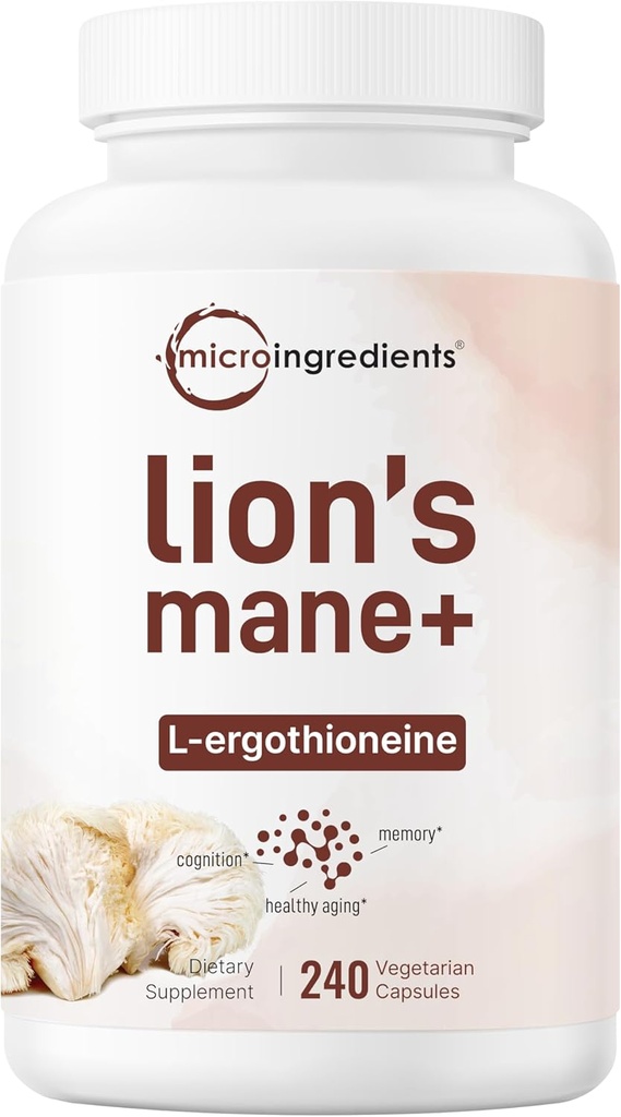 Mikroingredienser Lions Mane supplement kapsler, 240 Veggie kapsler med L- Ergothioneine, 4 Måned Supply Bly 124; Brain, Energy, & immunforsvar Support 124; Non- GMO