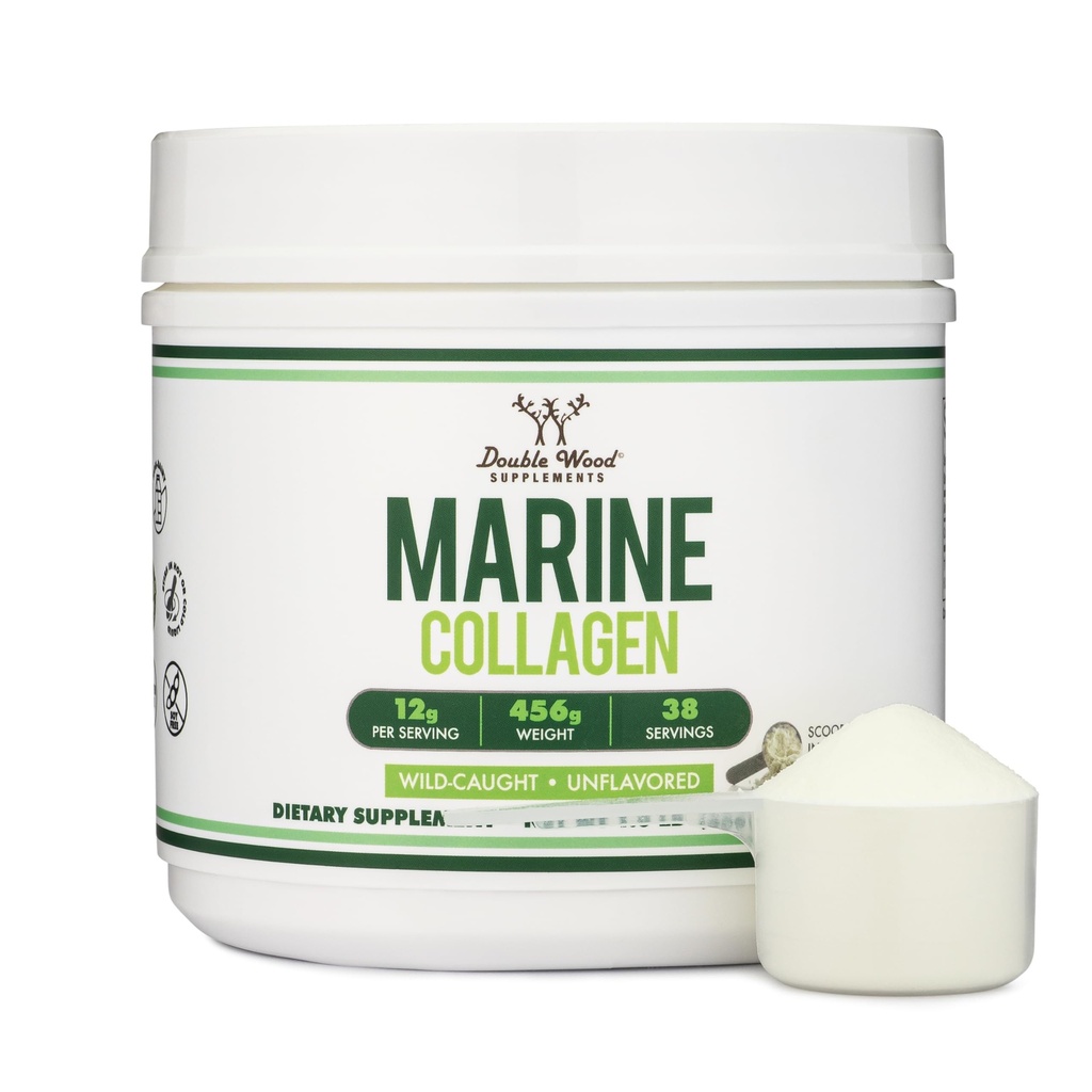 Dobbelt Wood Kosttilskud Marine Collagen pulver (1 LB / 16 OZ af hurtig opløsning Marine Collagen Peptider) Wildfanget, Unflavored, Mikronized - Scoop Inkluderet, Ingen Fillers (38 Serveringer af 12 Grams Hver)
