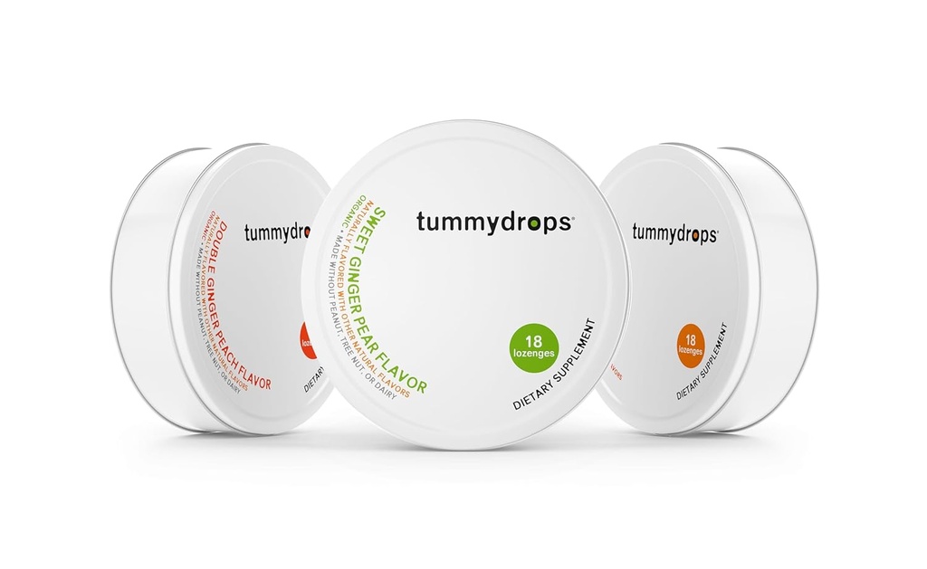 Tummydrops Organic Ingefær Godhed Pack (1 tin hver Spicy Ginger, Sweet Ginger Pære, & Dobbelt Ginger Peach). Gluten Free & Vegan. 54 Individuelt indpakket Økologisk Ginger Lozenges.